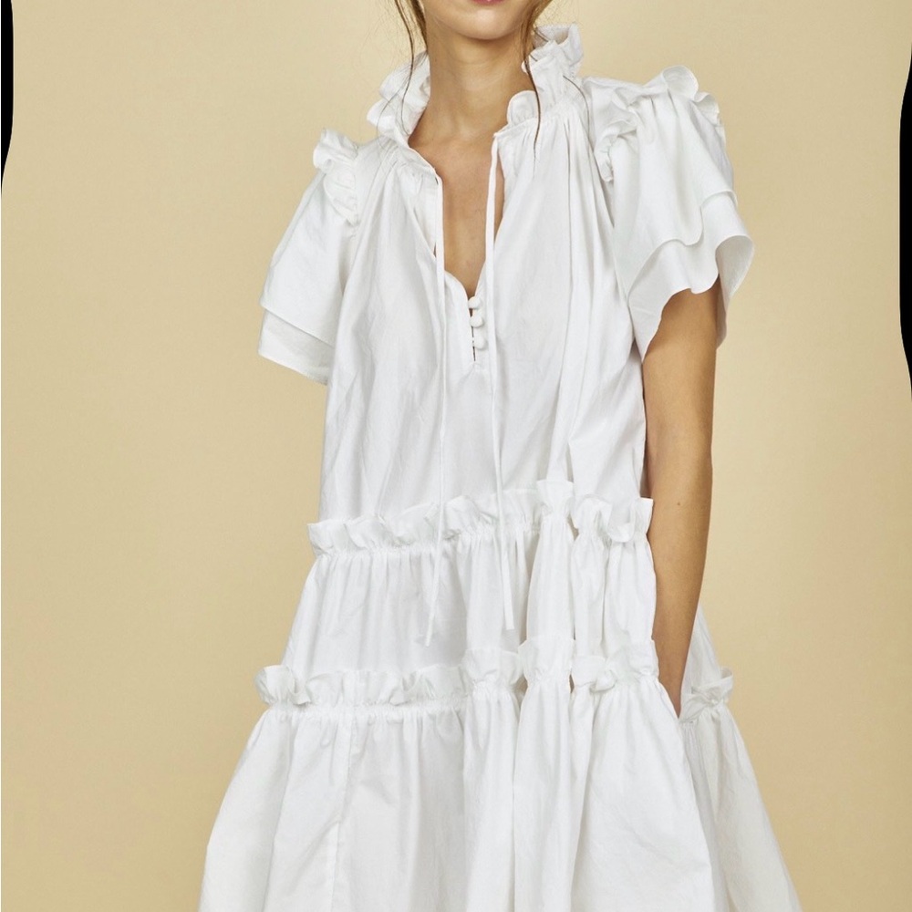 HUNTER BELL NY merritt White Ruffle flutter sleeve Tiered Mini Dress xs $395